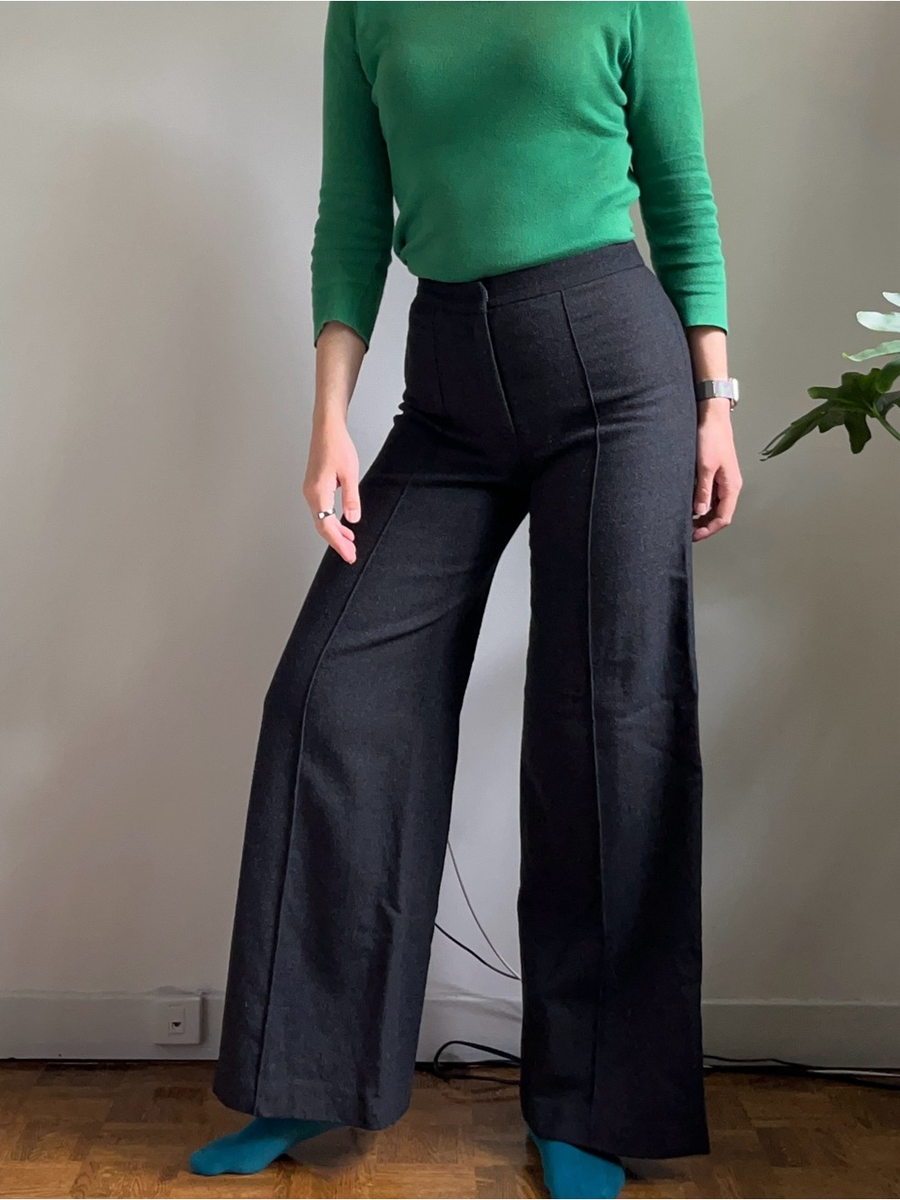 Milly of New York High-Waist Wide-Leg Pants in Charcoal Wool-Silk Blend